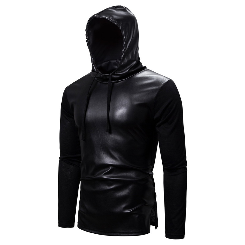 

2021 New Autumn Cross-border Foreign Trade Men's Long-sleeved Leather T-shirt European Code Men's Casual Solid Color Hooded T-shirt Trend, Black