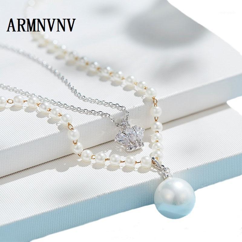 

ARMNVNV exquisite jewelry cubic zircon crown pendant pearls Double Layers long sweater necklaces Korean Party jewelry accessory1