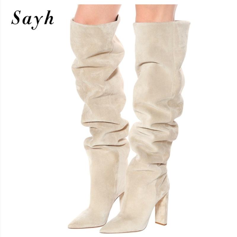

Fashion Winter Woman Pleated Boots Over The Knee High Boots Pointy Toe Thigh Boot Suede Zipper Shoes Size Plus, Brown