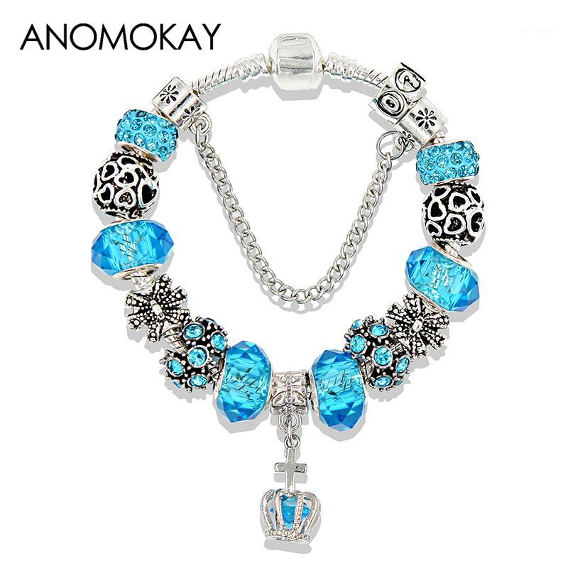 

HOT Classic Blue Crystal Crown Pendant Charm Bracelets & Bangles Silver Plated Heart Crown DIY Bead Bracelet Jewelry for Gift1