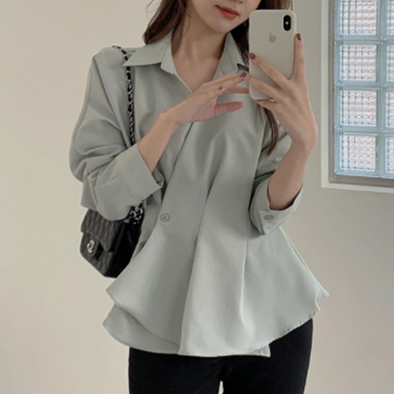 

Spring Korean Women blouse Elegant Solid Long sleeve Ruffled shirt Turn down collar Tops roupas feminina, Blue