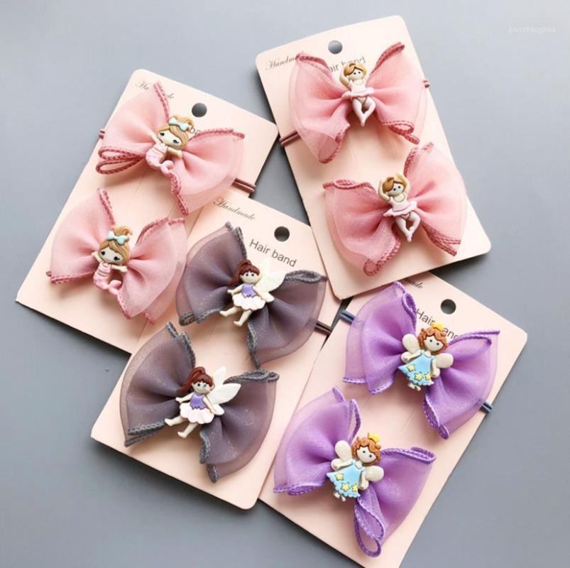 

New Sweet Girls bowknot hair cilp 2pcs Kids hair band Princess Chiffon bows Elastic band cartoon accessories tiara J101