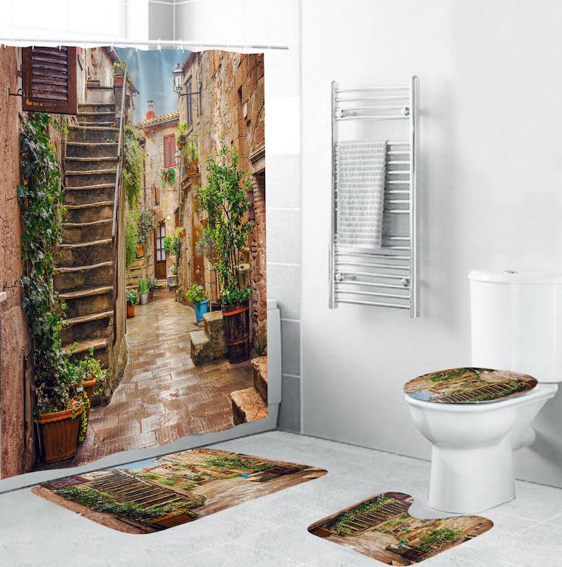 

3D Colorful Street Alley Pattern Shower Curtain Sets Non-Slip Rugs Toilet Lid Cover and Bath Mat Waterproof Bathroom Curtains