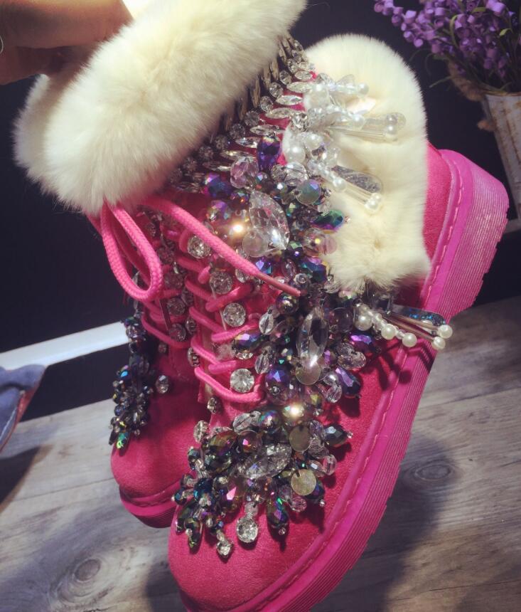 

2020 New Station Strass Heavy Frightened Beads Rabbit Skin Martin Boots Gzs3, Pink