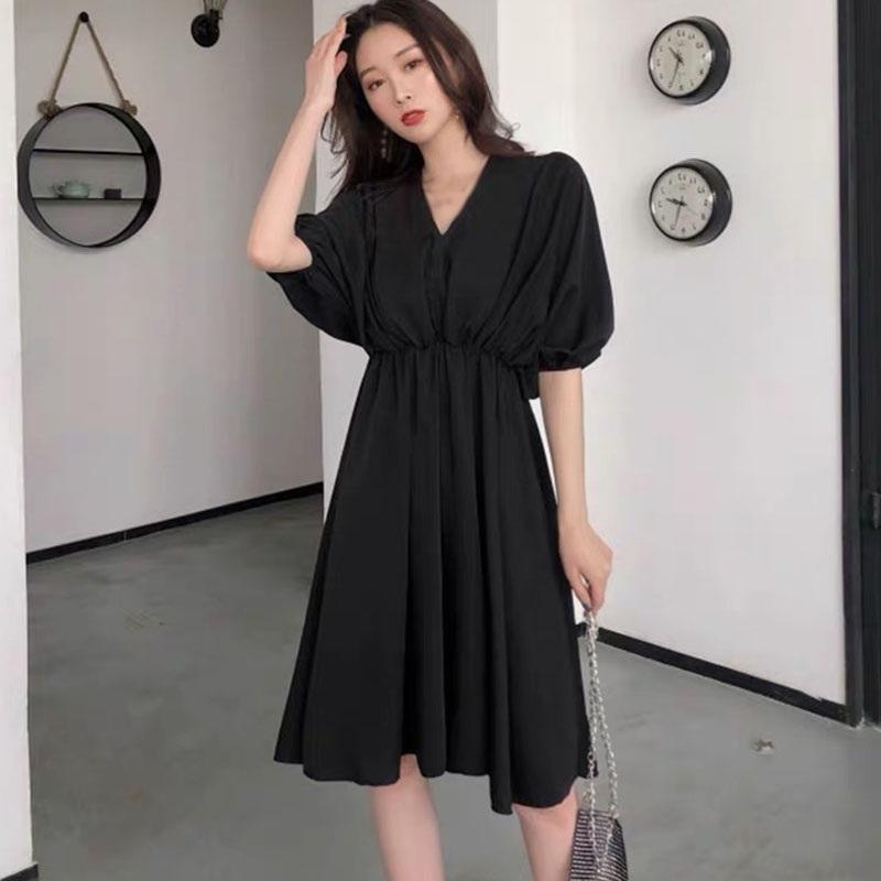 

Women' s V-neck Dress Summer Autumn Korean Style Fashion Wild Temperament Pure Color Waist Half Sleeve Dress, Black