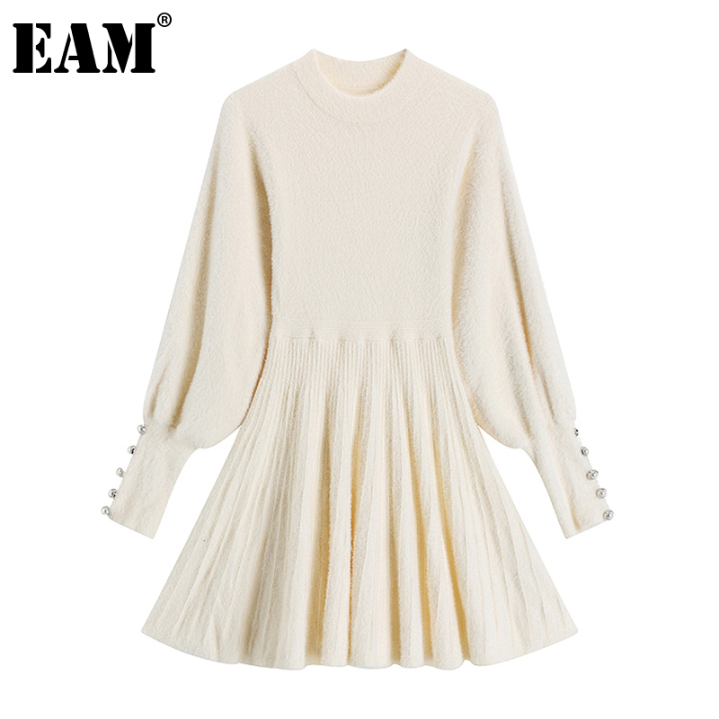 EAM Women Beige Knitting Temperament Dress Stand Collar Long Sleeve Loose Fit Fashion Spring Autumn 1Z762 201126Z