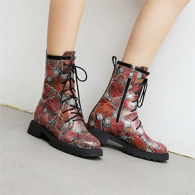 

YMECHIC Fashion Print Wine Red Med Chunky Heels Cross Strap Lace Up Biker Motorcycle Boots Winter Woman Shoes Ankle Combat Boots