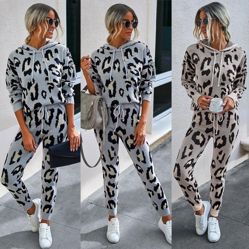 

2020 Fashion Leopard Print Lace-up Hooded Sweater Pants Set Fall Winter Running Tracksuits Gym Fitness Sportwear Workout Legging, Khaki