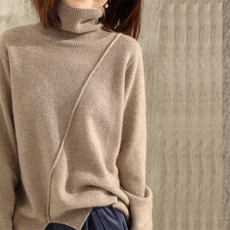 

Soft Loose Jumpers for Women Turtleneck Winter Warm Sweater Cashmere and Wool Knitted Pullovers ladies 3Colors standard Clothes 201023, Khaki