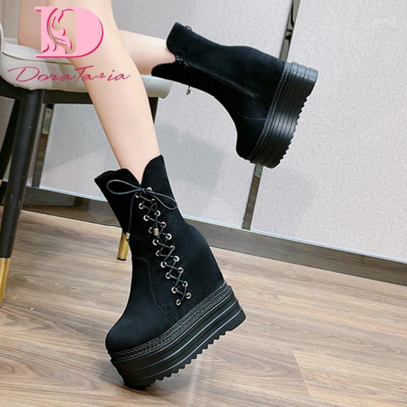 

DORATASIA New Fashion Female High Platform Boots Height Increasing High Heels Cross Tied Boots Women Flock Trendy Shoes Woman1, Black short plush
