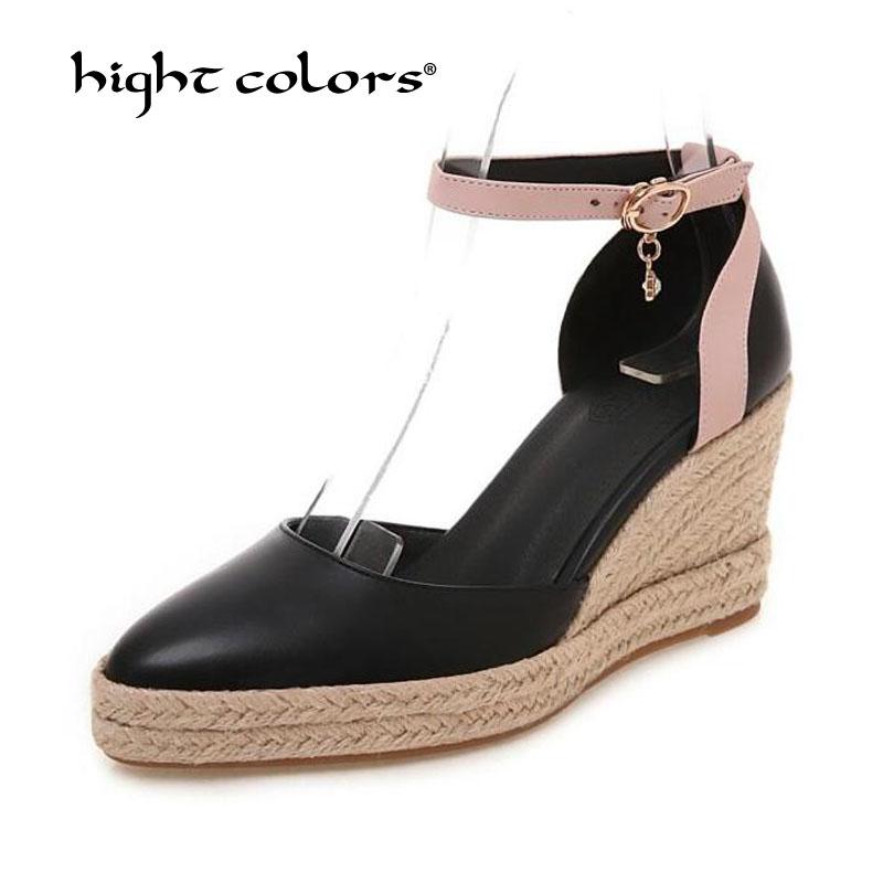 

Fashion Ladies New Pointy Toe Ankle Strap Womens Wedge Heel Shoes Female Contrast Color Mary Janes Pumps Plus Size 43 44 DX-612, Beige