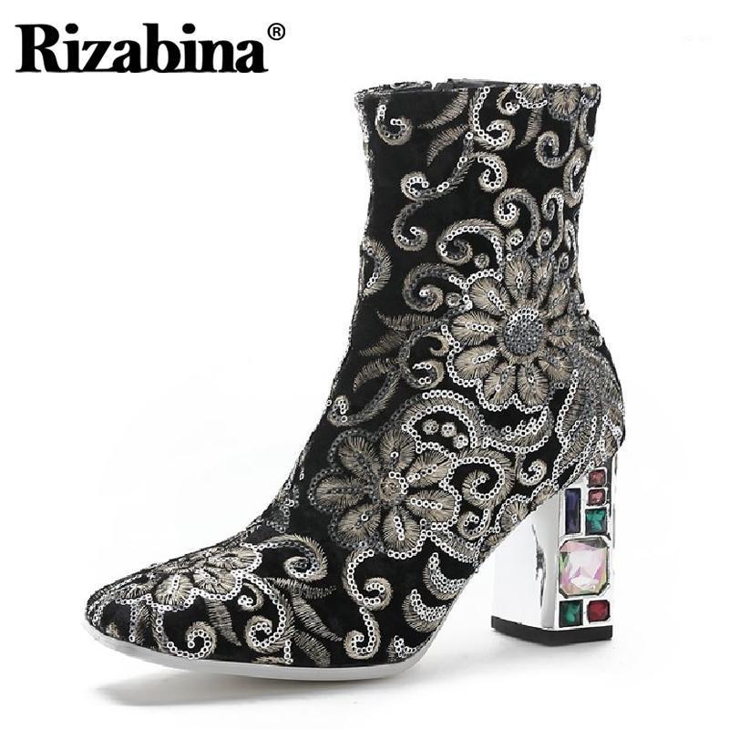 

Rizabina New Fashion Boots Ankle Boots Square Toe Floral Embroidery Thick Crystal High Heel Fashion Shoes Footwear Size 35-431, Black