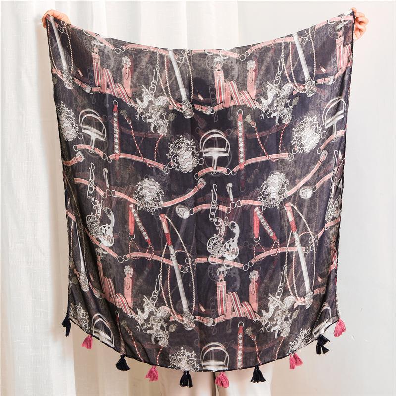 

Yyun Scarf Women Chain Print Scarf Belt Fashion Tassels Rope Printed Hijab Ladies Shawls and wraps