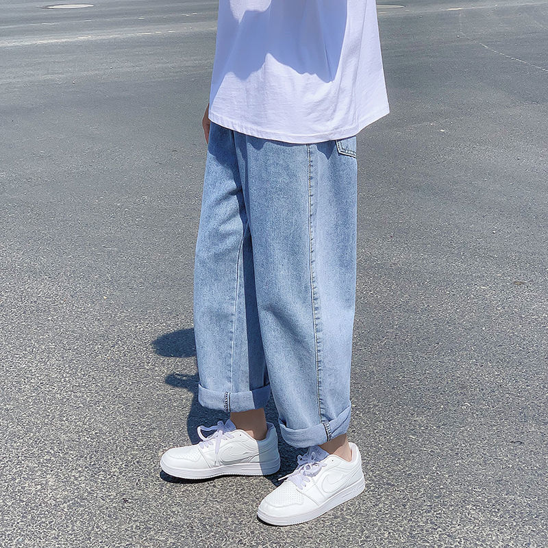 

Spring 2021 Men's and Winter New Wide-legged Straight-legs M-3xl Size Brem Pants Fashion Young Clothes CCJS, Light blue.