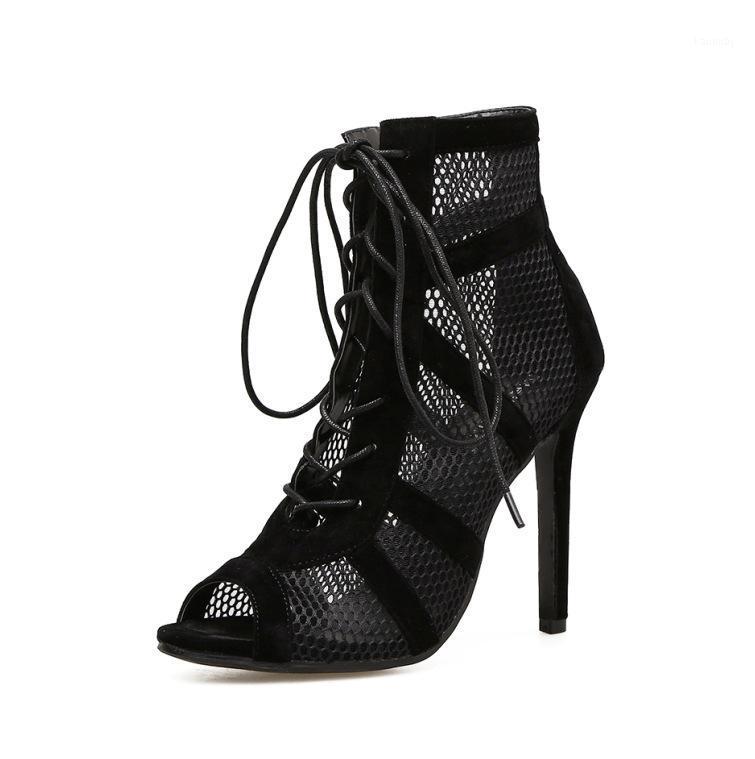 

DDYZHY 2021 Fashion Black Summer Sandals Lace Up Cross-tied Peep Toe High Heel Ankle Strap Net Surface Hollow Out Sandals 36-401