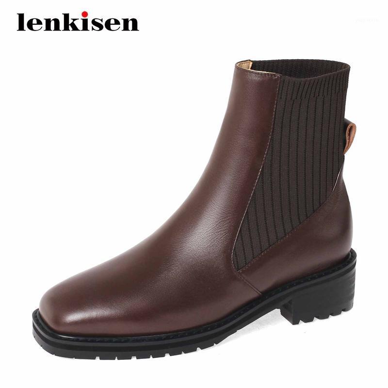 

Lenkisen british school natural leather knitting designer square toe thick med heel slip on comfortable dating ankle boots L001, Black