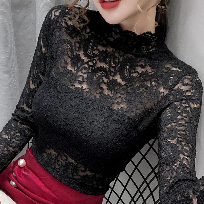

Autumn Turtleneck Lace Hollowed Out Skinny Bottomed Shirt Women Full-sleeved Soft All-matched Slim Shirt Elegant Fashion Mujer, Apricot