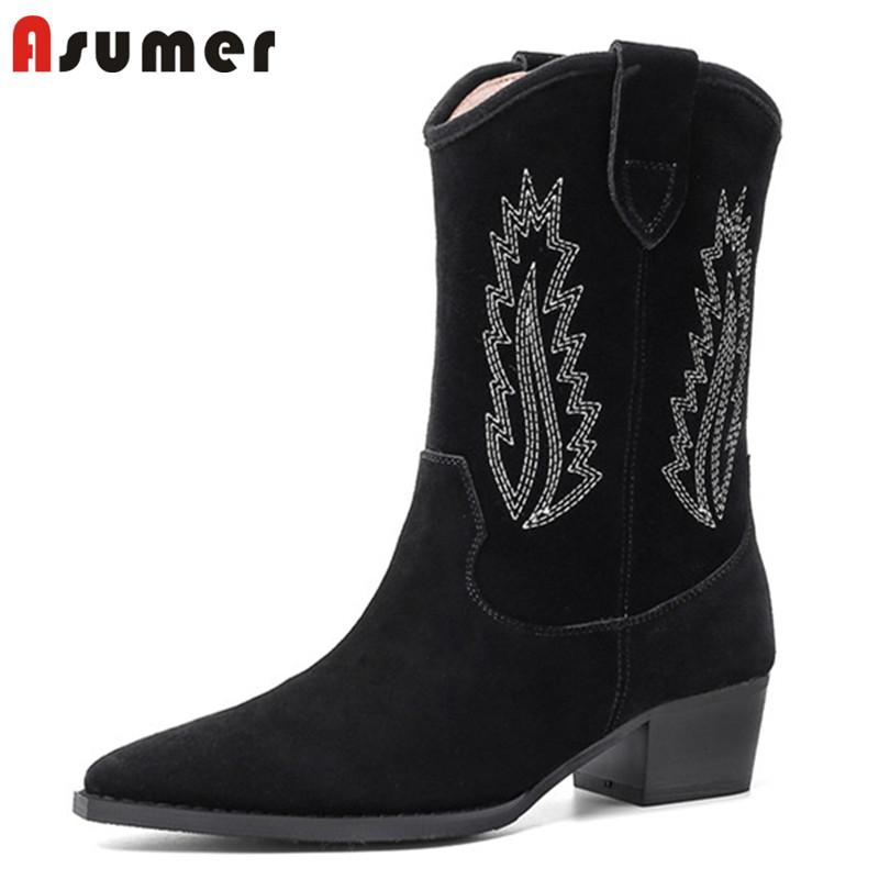 

ASUMER 2020 big size ankle boots women embroider pointed toe slip on autumn winter casual shoes woman european western boots, Black
