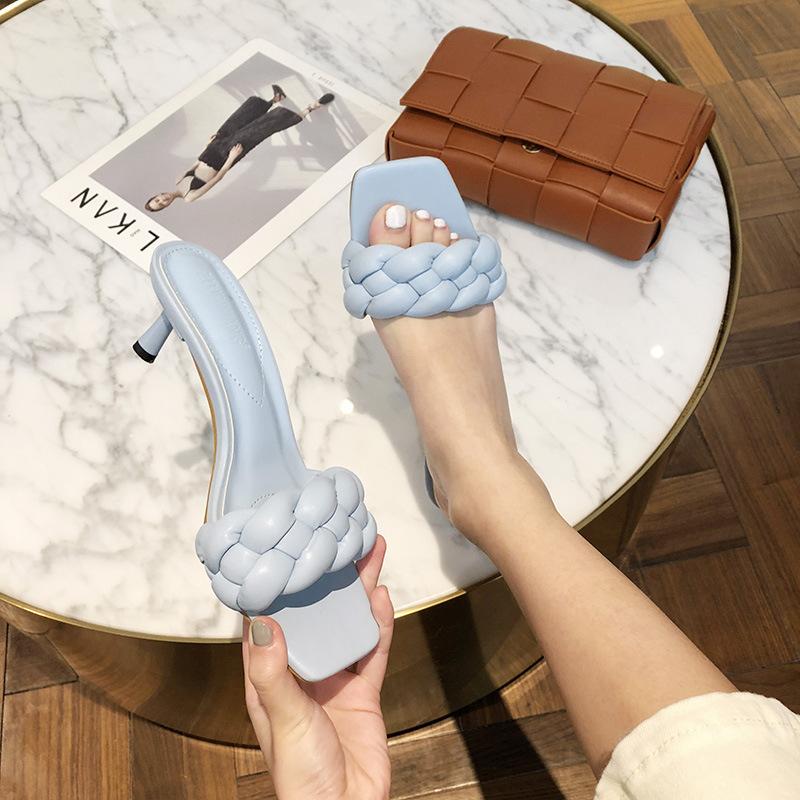 

2021 New Luxury Design Weave Women Slipper Ladies Thin High Heel Sandal Open Toe Slip On Summer Outdoor Slides Flip Flop Shoe, Green 6cm