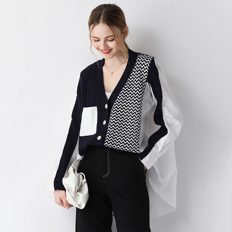 

2021 New Sleek Female Wool Sweater Cuts Single-v Neckline Breasted Cardigans Standard Wave Pocket Sweaters Autumn B3DZ, Navy
