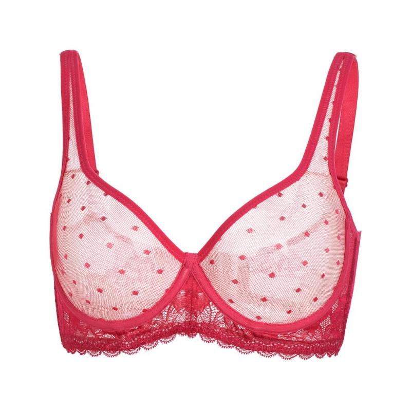 

Vgplay Sexy See Through Women Bra Mesh Hollow Lace Lingerie Plus Size for Big Breast Unlined Ultra Thin Stretch Brassiere, Red