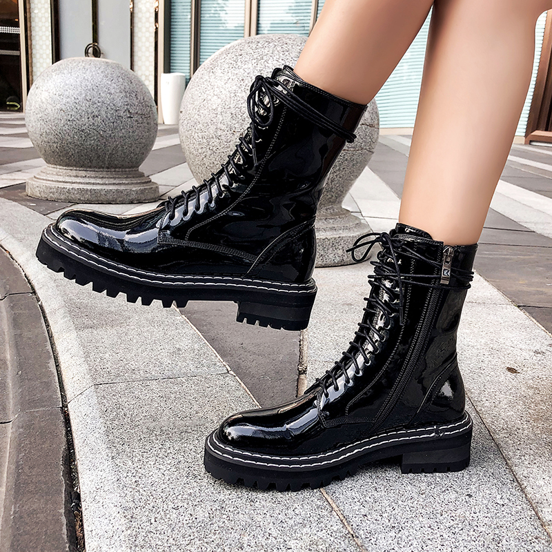 

2021 New Winter Women Genuine Leather Ankle Thick Heels Party Night Club Shoes Woman Classic Cross Tied Riding Boots 0o9r, Cow