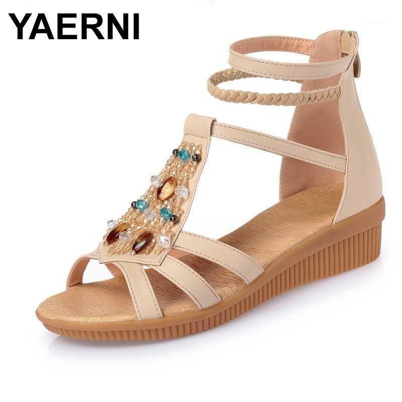 

YAERNI 2020 summer women sandals fashion bohemia open toe real leather flat shoes sandals Rome style women big size 41 421, Beige