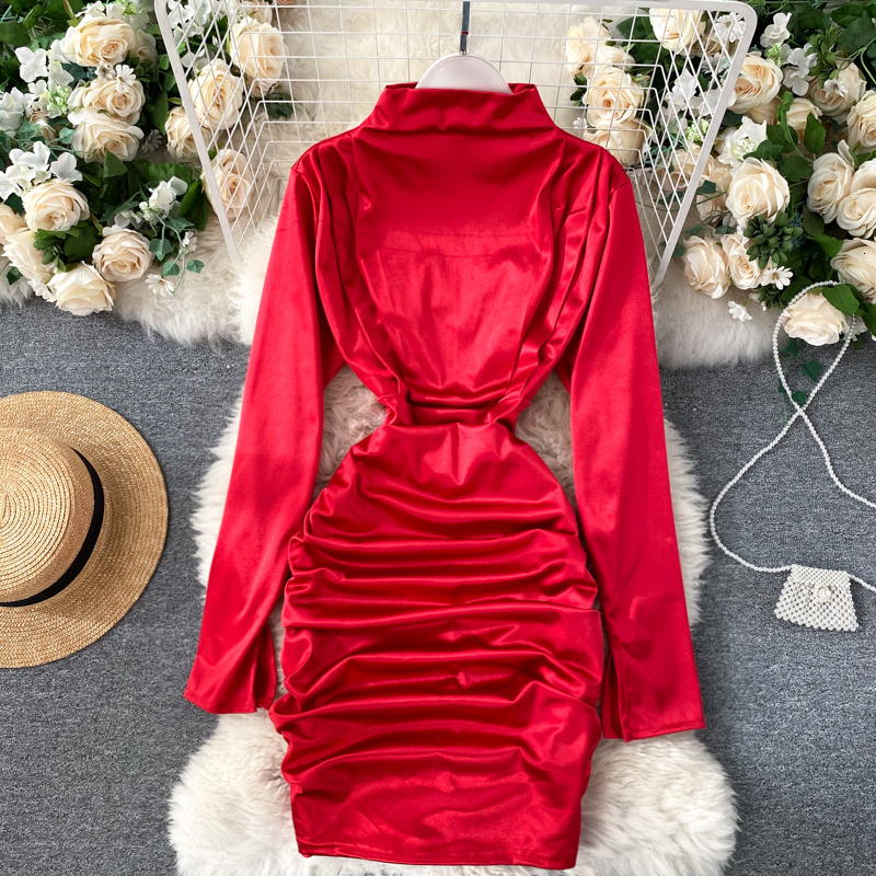 

2021 New female singer ruched dressed neck long pencil sheath elegant fall sexy dress solid UTAX, Red