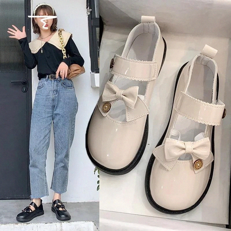 

Lolita Shoes Patent Leather Mary Janes Shoes Round Toe Casual Shoe Bowtie Button Women Flats Spring Autumn zapatos mujer 8894N #2R9e, Beige