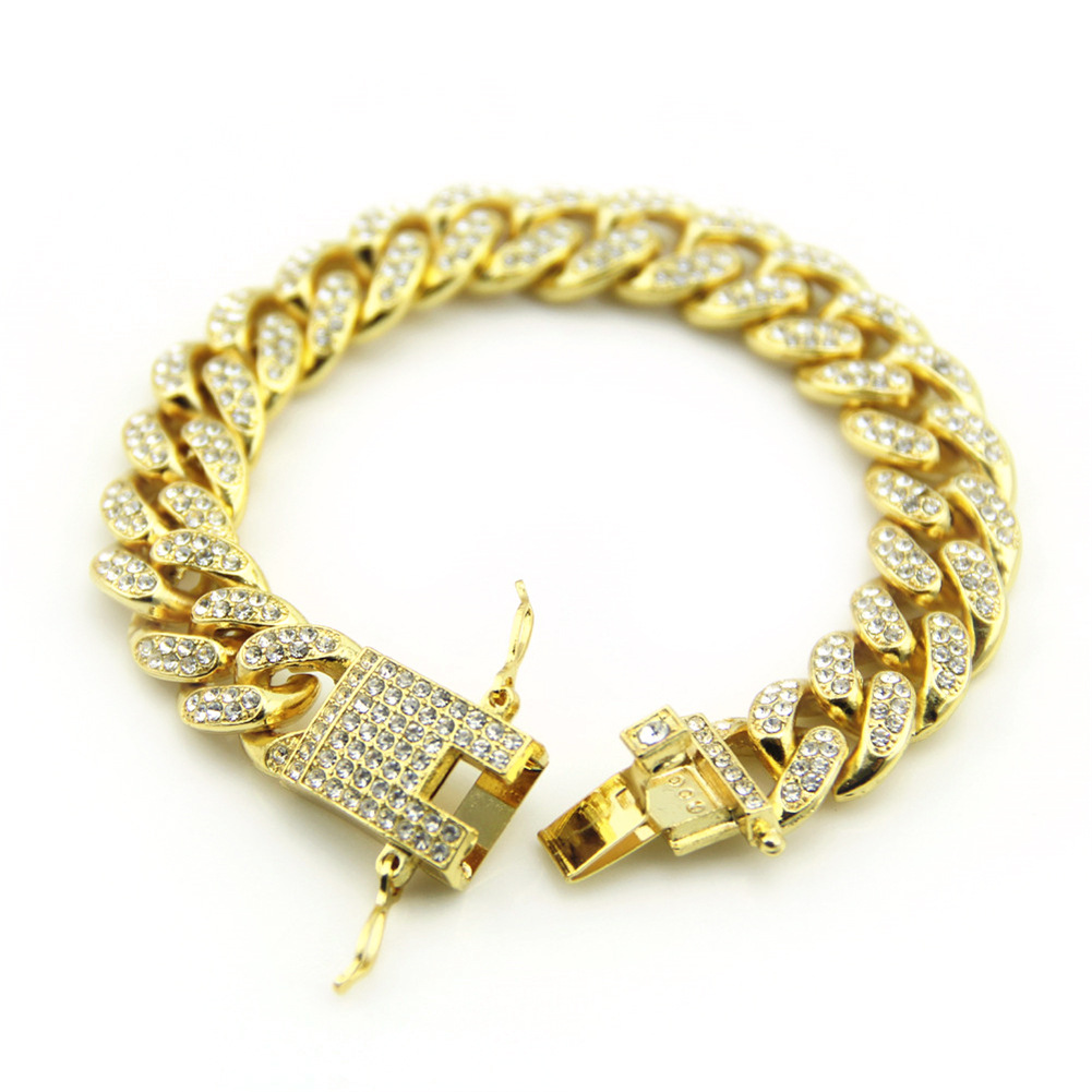 

European and American hip hop bracelet jewelry full of rhinestones Cuban bracelet hiphop mens fashion diamond jewelry width 12mm