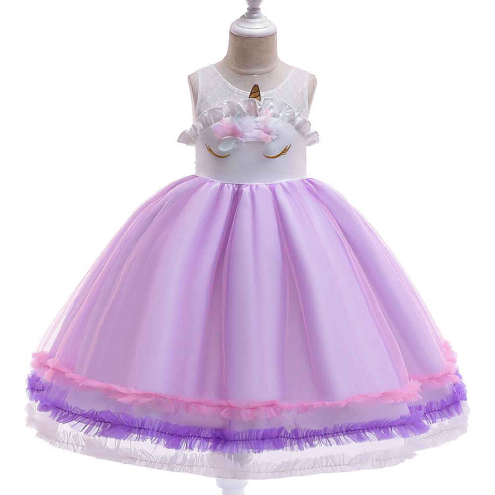 

Children Unicorn Tutu Dress Rainbow Princess Kids Birthday Party Dress Girls Carnival Pony Costume Vestido Tiered hemline gown, Sky blue