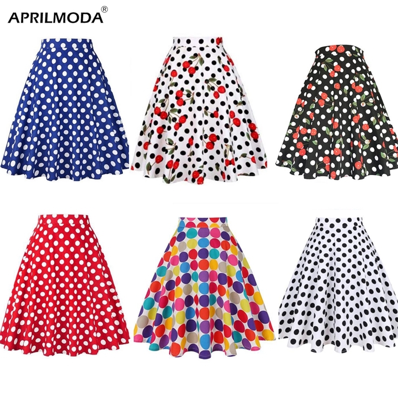 

Summer Midi Skater Skirt Runway Vintage Rockabilly Skirts Red Womens Sexy Pinup 50S 60S Cotton Polka Dot Pattern Skirts Y200326, 26