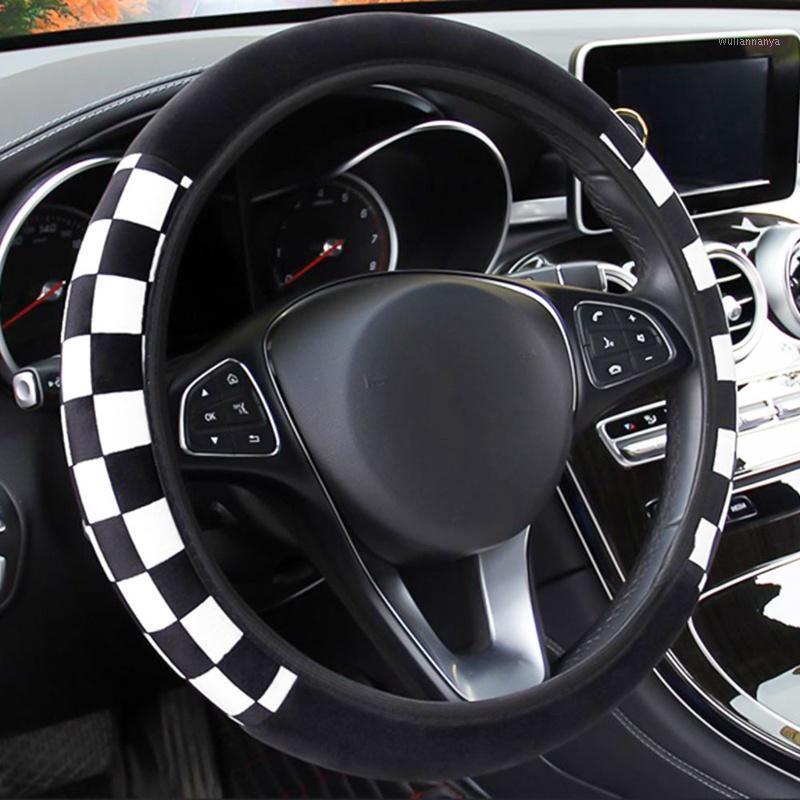 

Steering Wheel Covers Black & White Checkered Cover Plush Elastic Car Without Inner Ring Accessories Universal