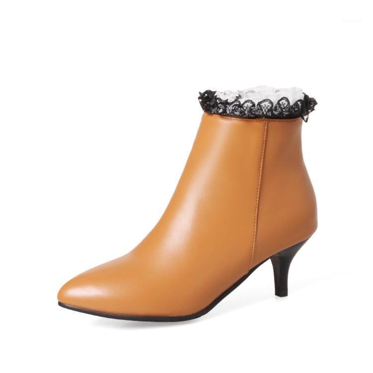 

PQECFS Big size 32-45 high quality 2020 spring & autumn women solid sweet lace high heels ankle boots 3 colors1, Yellow