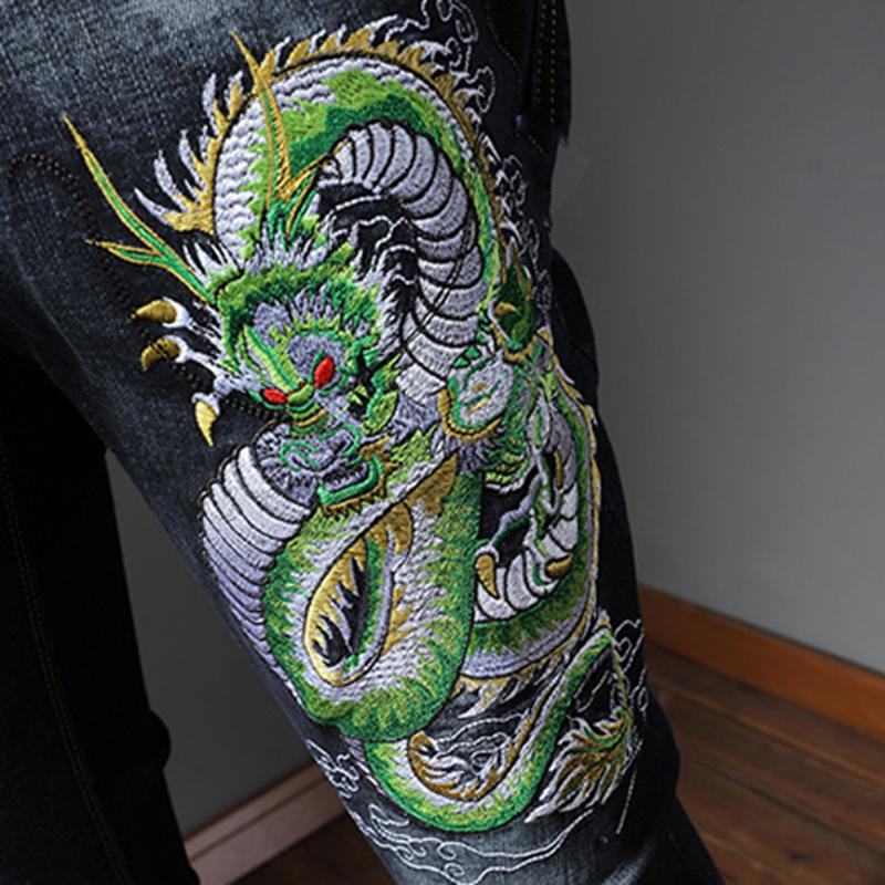 

High Quality Jeans Realistic Embroidery Dragon and Tiger Micro-elastic Fabric Straight Version Black/Blue Men's Denim Pants