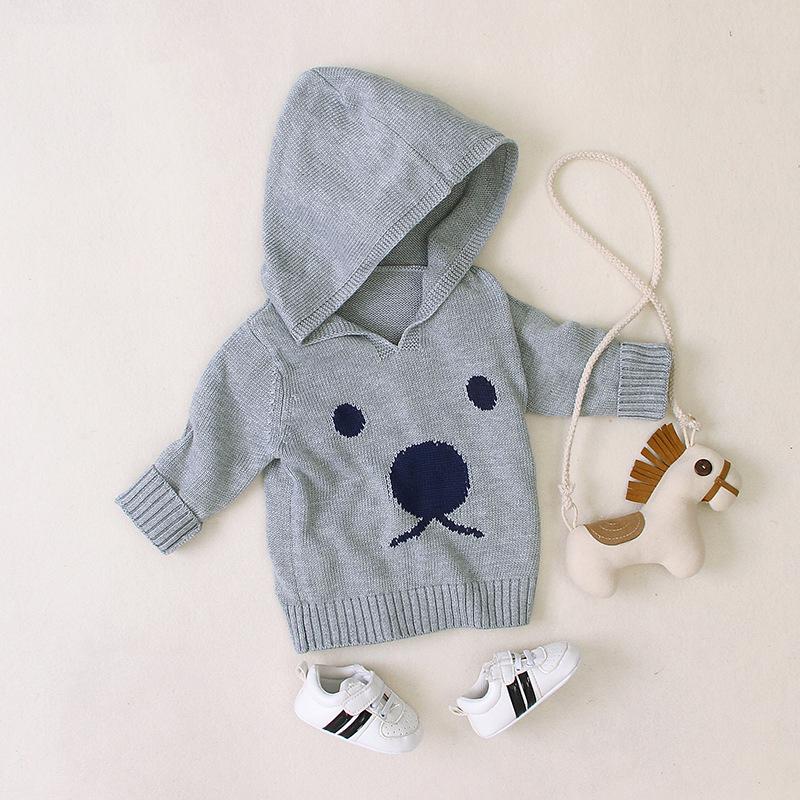 

0-18M Newbron Baby Sweater Kid Boy Girl Autumn Winter Warm pullover Knitted Top Long Sleeve Hooded Knitwear Cute Outfit, Gray