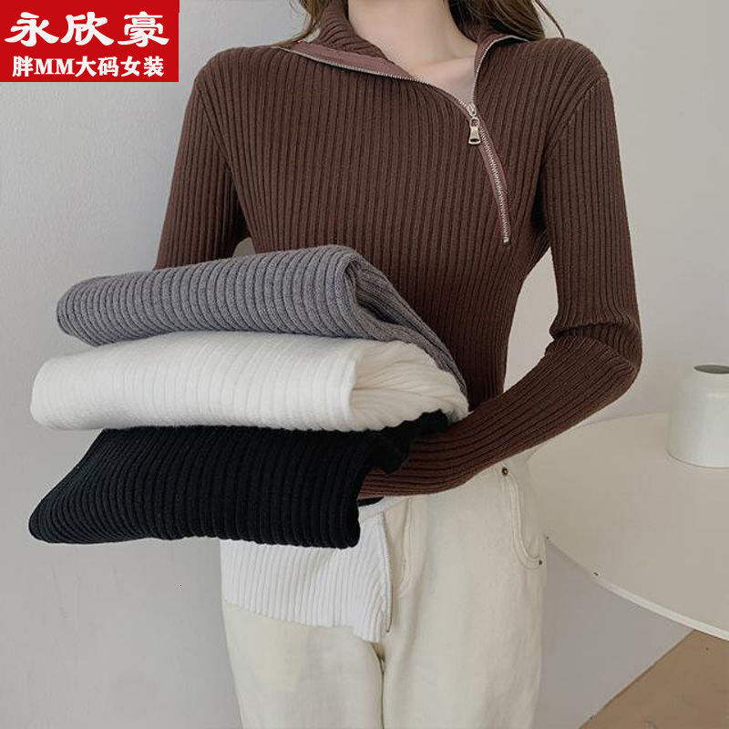 

2021 New Fat Mm Female Size Autumn and Winter Quilted Shirt Collar Pile Base Inside Top Sweater 1RG4, White