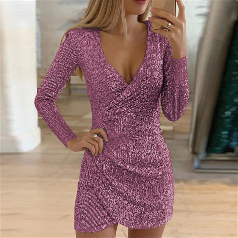 

New Spring Long-sleeved Slim Sexy V-neck Bag Hip Irregular Short Skirt Female Sequin Es for Women Party 2021 Oucc, Darkgold