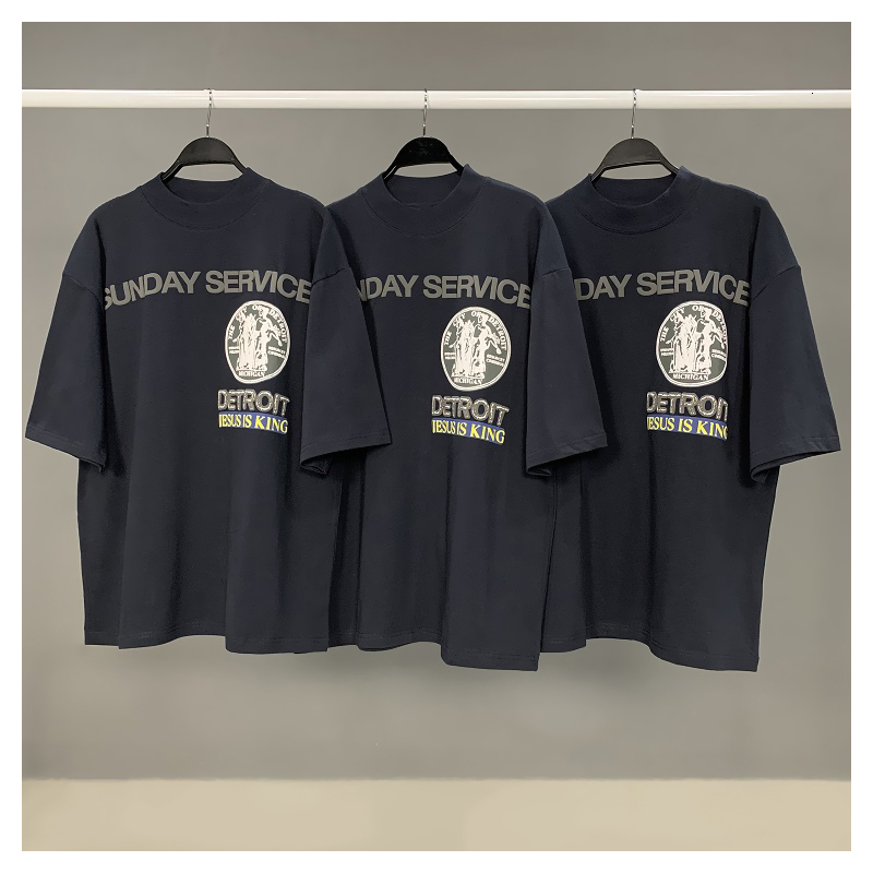 

2021 New Kanye West Jesus Is King Limited High Street Short Sleeve Men's Turtle Neck Cotton T-shirt 96b6, Navy blue