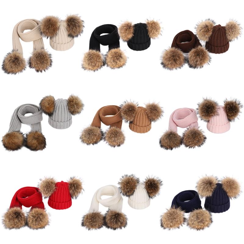 

2pcs Women Men Slouchy Beanie Hat Long Set Winter Warm Fake Ball Pom Caps Neck