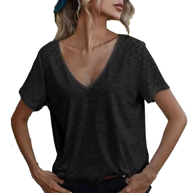 

Women T Shirt Lace V Neck Summer Solid Color Short Sleeve Fashion Female T-shirt Woman Clothing, White
