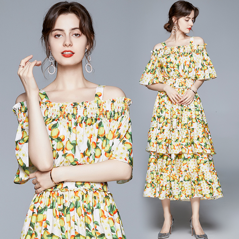 

2021 New Merchall Fashion Runway Summer Women Sexy Slash Neck Elastic Waist Print Vintage Elegant Long Vestidos Czdm, Yellow