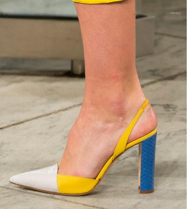 

Sexy Mixed Color Patchwork Slingback Pumps Pointed Toe Low Cut Chunky Heels Dress Shoes Fashion Women Square Heels Shoes1, As picture
