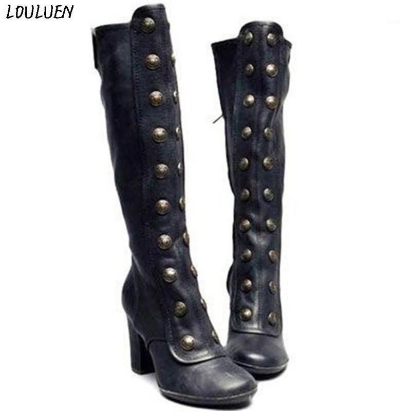 

LOULUEN 2020 Boots Women Knee High Boots Fashion Side Zip Booties High Heels Retro Shoes Roman Laarzen Bottes Mujer1, Bw