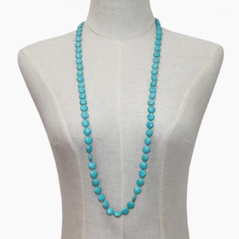 

Chains Fashion Bohemian Tribal Jewelry Veins Turquoises Coin Stone Long Knotted Chain Necklaces Women Ethnic Sweater Necklace 38" A9611
