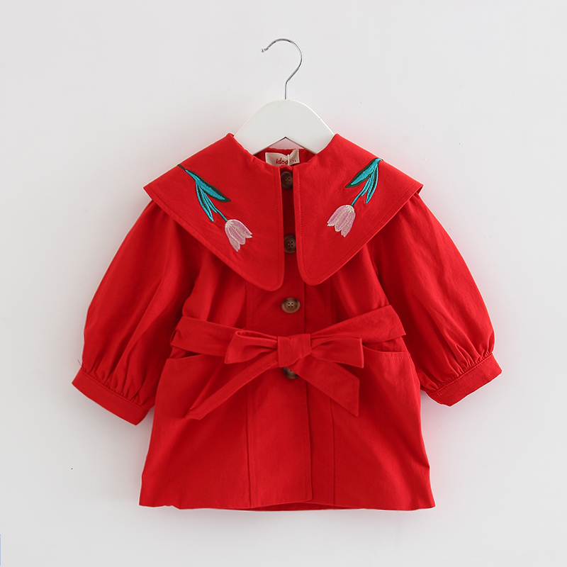 

2021 New Spring Autumn Windbreaker Coat Flower Embroidery Outwear for Baby Kids Trench Girls Clothing 0-3y Dezm, Red