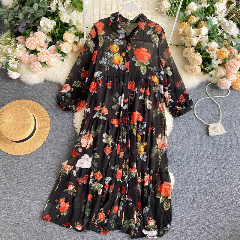 

2021 Summer New Holiday Style Loose Chiffon Long Female Sunscreen Thin Floral Kimono Dress Buttons H1MG, Black