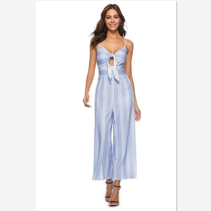 

Women' Jumpsuits & Rompers 2021 Summer And Fasion Striped Straight Bow Bandage Of High Quality, Blue