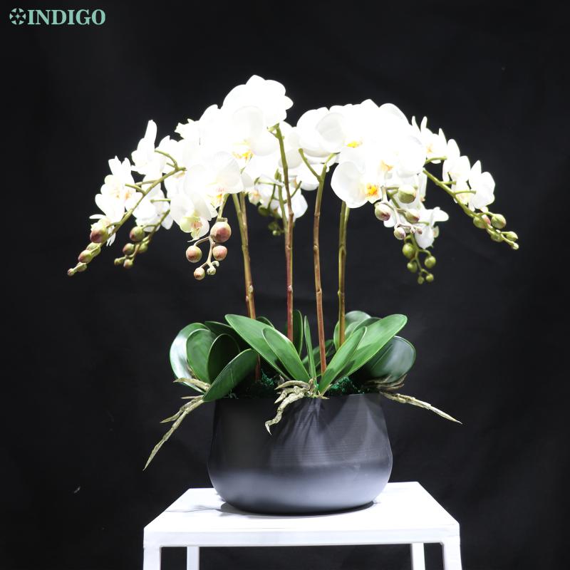 

White Orchid (7Pcs Orchid+5Pcs Leaves+Moss+Pot) DIY Flower Arrangment Faux Flower Office Decoration Event Centerpiece INDIGO, 1 set diy 40cm