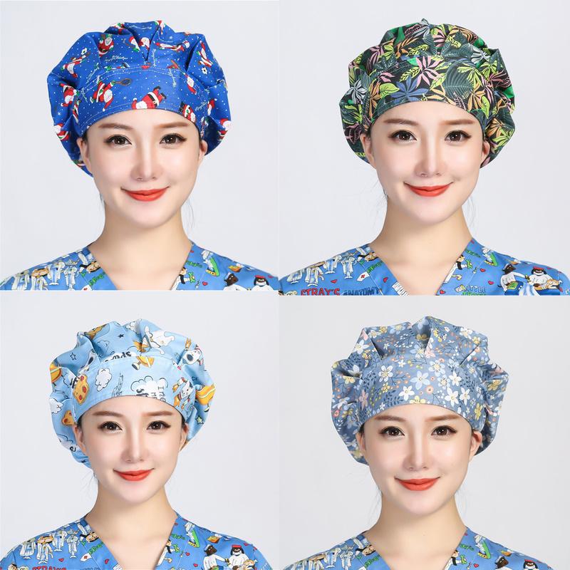 

Bouffant Scrubs Hats Women Christmas Flower Printed Cotton Sweatband Cap Reuseable Head Cover Work Wear Breathable Scrub Caps, 85